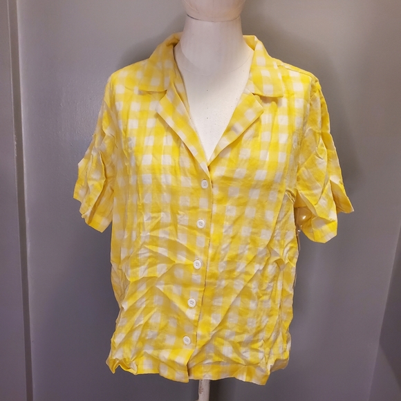 New a.n.a. yellow gingham plaid short sleeve button up blouse - Picture 2 of 5